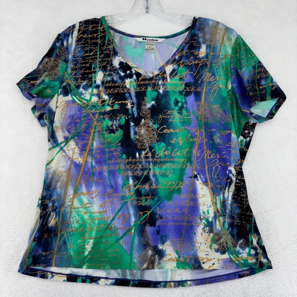 Nygard Collection Womens V-Neck Abstract Script Print Green Blue Gold Petites L